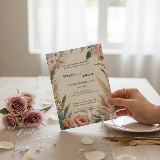 Boho Pampas Grass Floral Wedding Invitation  招待状