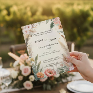 Boho Pampas Grass Floral Wedding Invitation  招待状