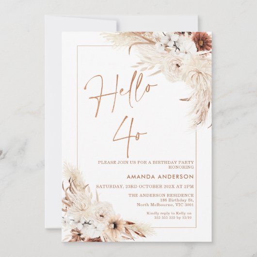 Boho Pampas Grass Frameこんにちは40th Birthday 招待状 (正面)