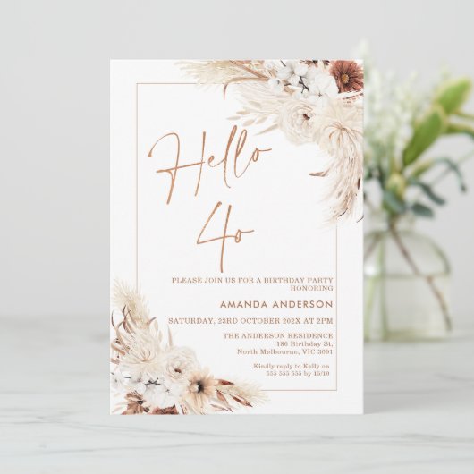 Boho Pampas Grass Frameこんにちは40th Birthday 招待状 (スタンド正面)