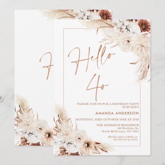 Boho Pampas Grass Frameこんにちは40th Birthday 招待状 (正面/裏面)