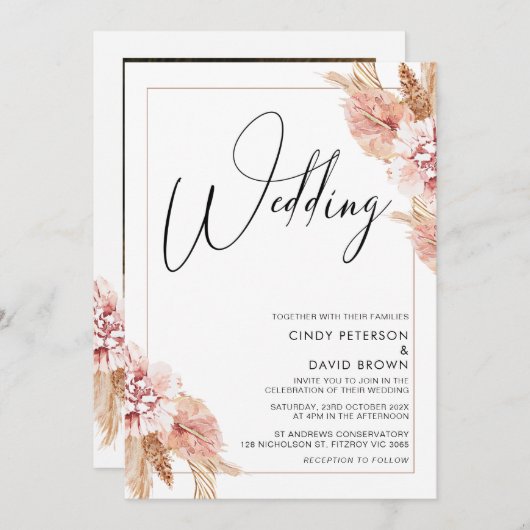 Boho Pampas Grass Frame書道結婚ズ 招待状 (正面/裏面)