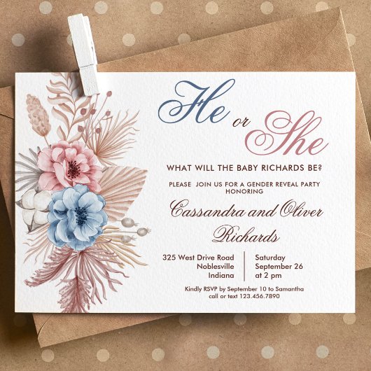 Boho Pampas Grass Gender Reveal 招待状