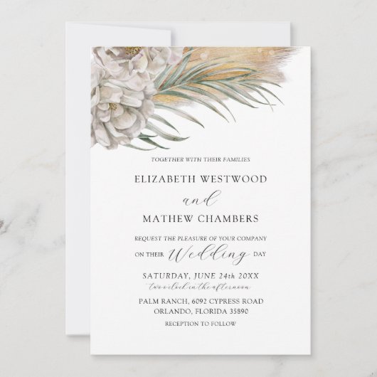 Boho Pampas Grass & Neutral Floral Wedding 招待状 (正面)