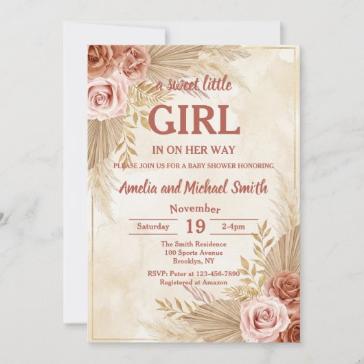 Boho Pampas Grass Oh Girl Baby Shower 招待状 (正面)