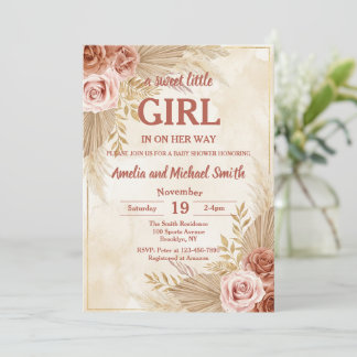 Boho Pampas Grass Oh Girl Baby Shower 招待状