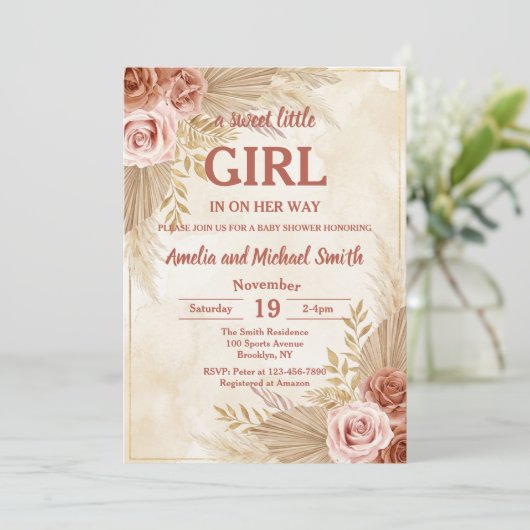 Boho Pampas Grass Oh Girl Baby Shower 招待状 (スタンド正面)