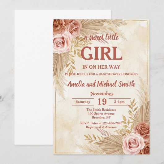 Boho Pampas Grass Oh Girl Baby Shower 招待状 (正面/裏面)