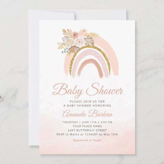 Boho Pampas Grass pink Rainbow girl Baby Shower 招待状 (正面)