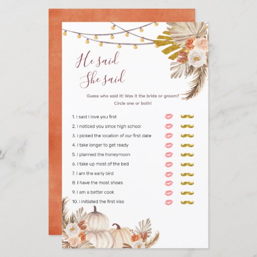 Boho Pampas Grass Pumpkin彼はゲームと言った (正面/裏面)