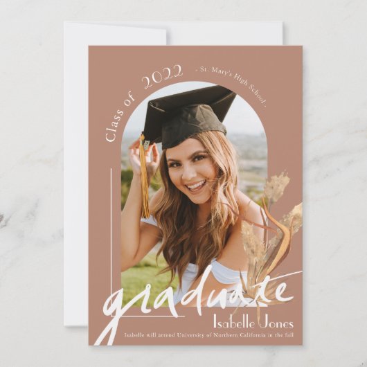 Boho Pampas Grass Terracottaアーチ写真卒業 招待状 (正面)