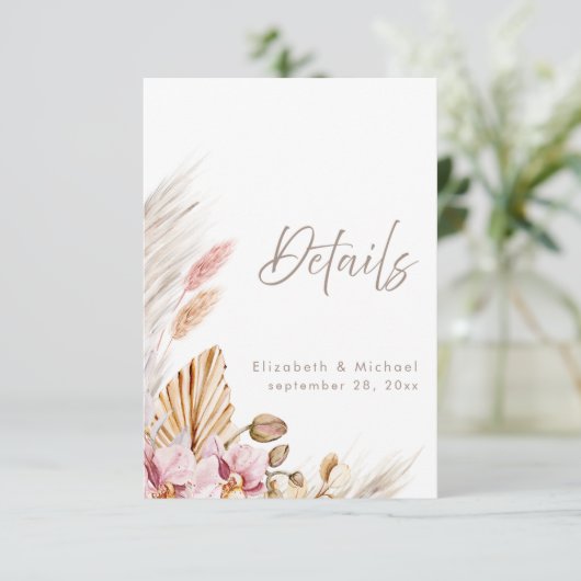Boho Pampas Grass Wedding Details Card 招待状 (スタンド正面)