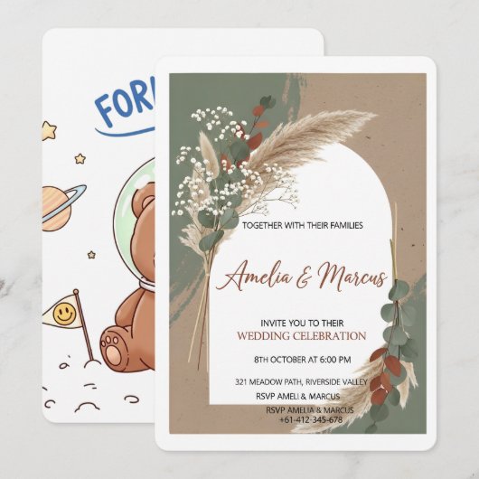 Boho Pampas Grass Wedding Invitation  招待状 (正面/裏面)