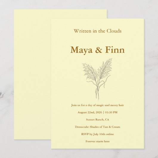 Boho Pampas Grass Wedding Invitation Minimalist 招待状 (正面/裏面)