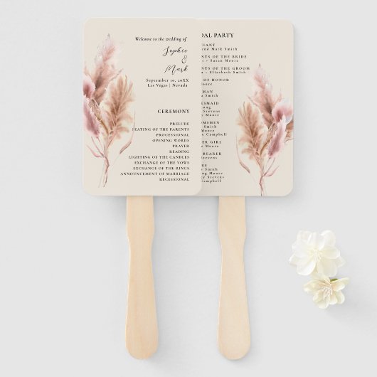 Boho Pampas Grass Wedding Program Hand Fan ハンドファン (正面&裏面)