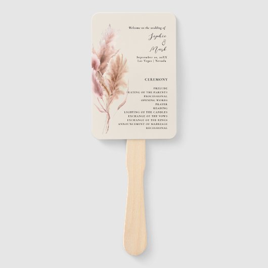 Boho Pampas Grass Wedding Program Hand Fan ハンドファン (正面)