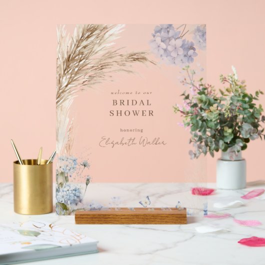 Boho Pampas Icy Blue Bridal Shower アクリルサイン (ウェディング)
