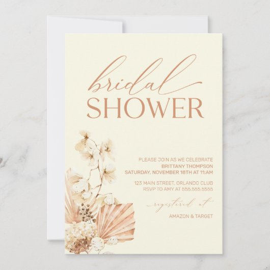 Boho Pampas Modern Bridal Shower floral Invitation 招待状 (正面)