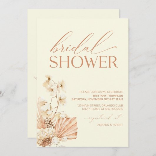 Boho Pampas Modern Bridal Shower floral Invitation 招待状 (正面/裏面)