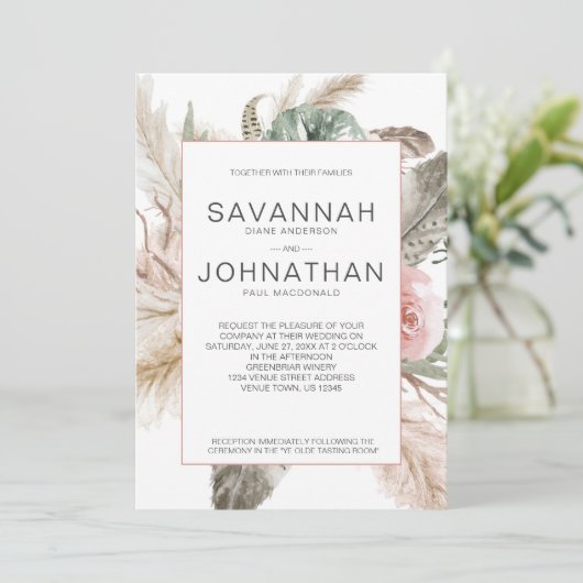 Boho Pampas、Monstera、熱帯羽毛フローラ 招待状 (スタンド正面)