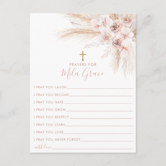 Boho Pampas Pink Girl Floral Baptism Prayer Card ポストカード (正面)