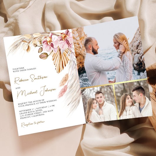 Boho Pampas Pink Orchid Floral QR Code Wedding 招待状