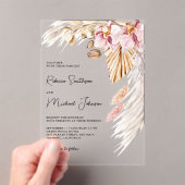 Boho Pampas Pink Orchid Floral Wedding アクリル招待状 (インサイチュ (ポータブル))