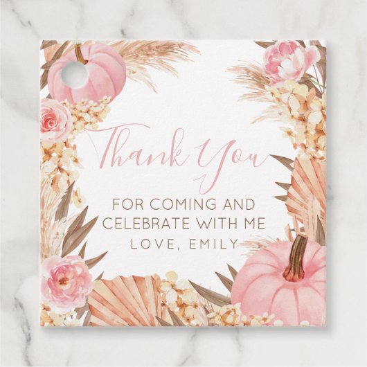 Boho Pampas Pink Pumpkin Bridal Shower Favor etiqu フェイバータグ (正面)