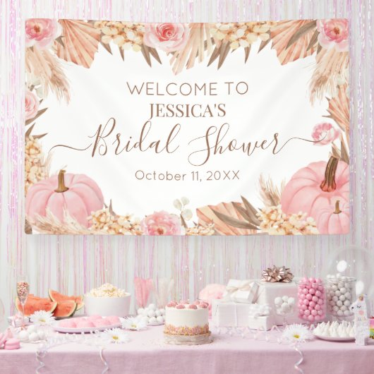Boho Pampas Pink Pumpkin bridal shower Welcome  横断幕 (パーティー)