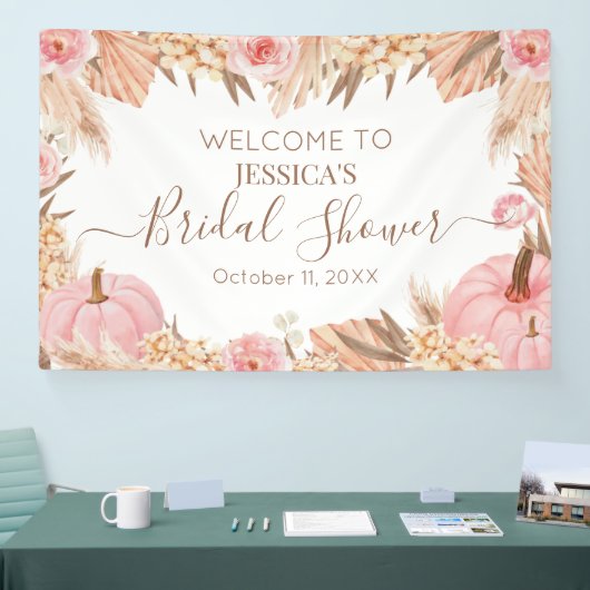Boho Pampas Pink Pumpkin bridal shower Welcome  横断幕 (トレードショー)