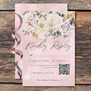 Boho Pampas & Pink Rosesの結婚QRコード 出欠カード