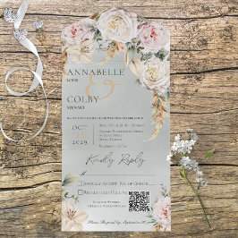 Boho Pampas & Pink RosesグリーンQRコード オールインワン招待状