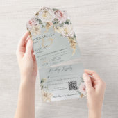 Boho Pampas & Pink RosesグリーンQRコード オールインワン招待状 (貼ってはがせる)