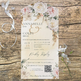 Boho Pampas & Pink Roses黄色QRコード オールインワン招待状