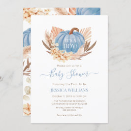 Boho Pampas Pumpkin blue baby shower 招待状