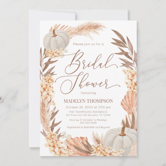 Boho Pampas Pumpkin White Bridal Shower 招待状 (正面)