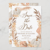 Boho Pampas Pumpkin White Fall Save the Date 招待状 (正面/裏面)