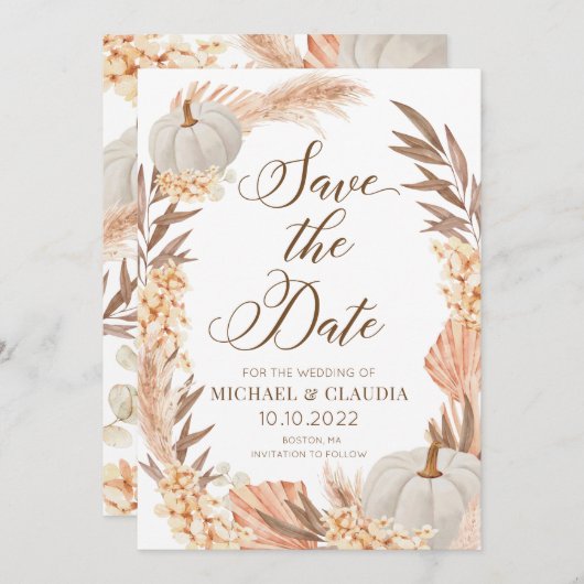 Boho Pampas Pumpkin White Fall Save the Date 招待状 (正面/裏面)