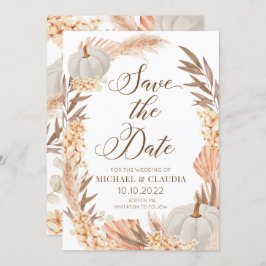 Boho Pampas Pumpkin White Fall Save the Date 招待状