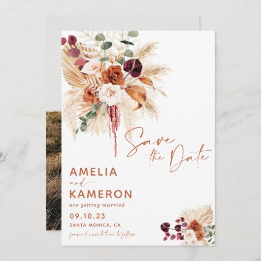Boho Pampas Save The Date Card セーブザデート (正面/裏面)