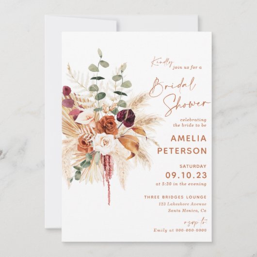 Boho Pampas Terracotta Bridal Shower Invitation 招待状 (正面)