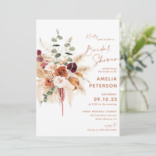 Boho Pampas Terracotta Bridal Shower Invitation 招待状 (スタンド正面)
