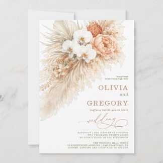 Boho Pampas Wedding Invitation Neutral Terracotta  招待状
