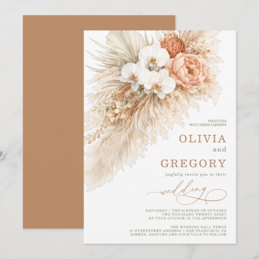 Boho Pampas Wedding Invitation Neutral Terracotta  招待状 (正面/裏面)