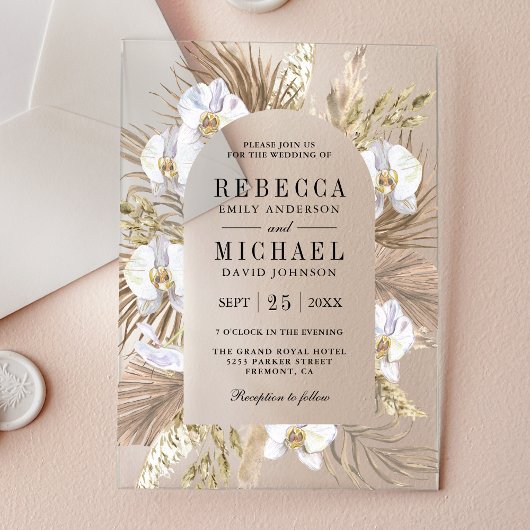 Boho Pampas White Orchid Dried Palm Wedding アクリル招待状