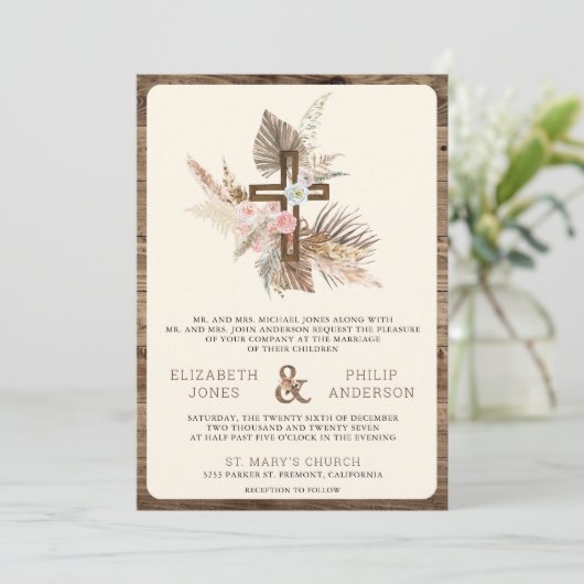 Boho Pampas Wood Cross All in One 結婚 Catholic's 招待状 (スタンド正面)