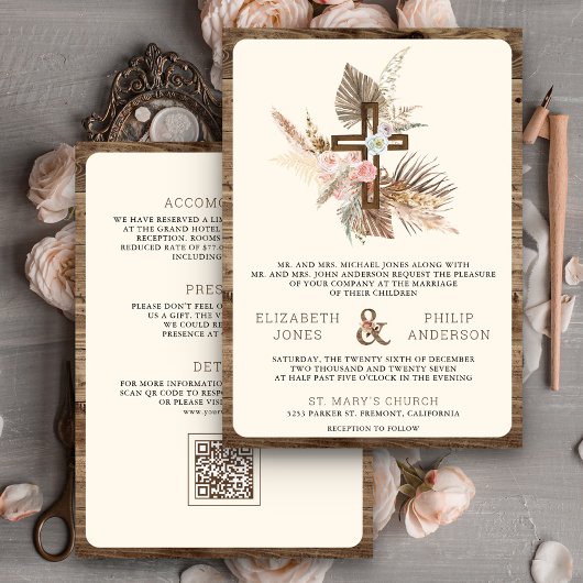 Boho Pampas Wood Cross All in One 結婚 Catholic's 招待状