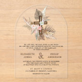 Boho Pampas Wood Cross Catholic Wedding アクリル招待状 (正面)
