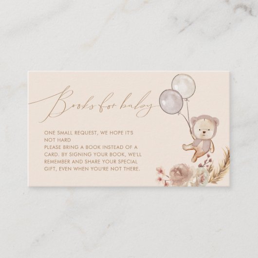 Boho PampassブックリクエストBear Balloon Baby Shower エンクロージャーカード (正面)