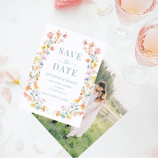 Boho Pastel牧草地の花の日付写真を保存 招待状